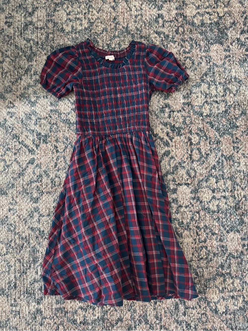 Ivy City Co Navy & Red Plaid Smocked Midi Dress